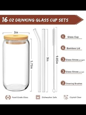 NWT Two 16 oz Clear Glass Drinking Cup with Bamboo Lid And Straw Brush